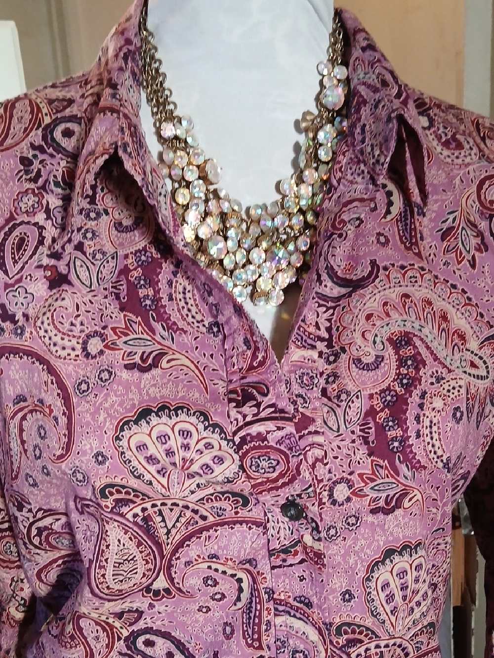 New York & Company Burgundy and Purple Paisley Button-Down Shirt